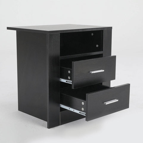 Zuri Black: Modern Nightstand With Double Drawers And Shelf