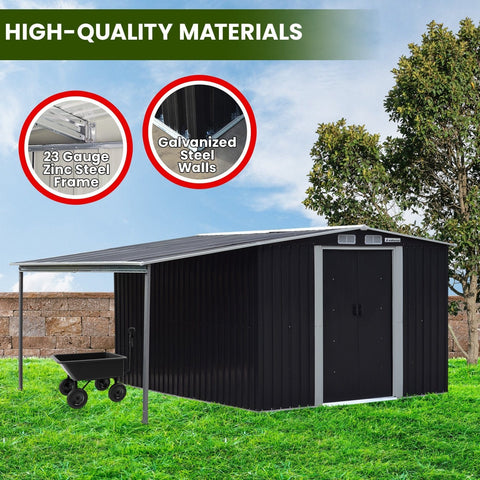 10x8ft Zinc Steel Garden Shed with Open Storage - Black