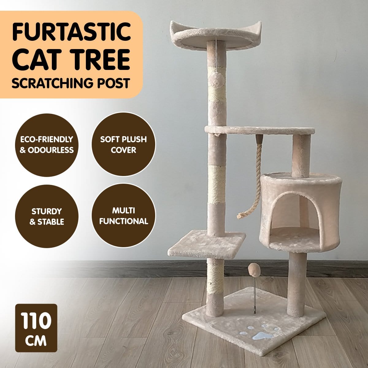 110Cm Cat Tree Scratching Post - Beige