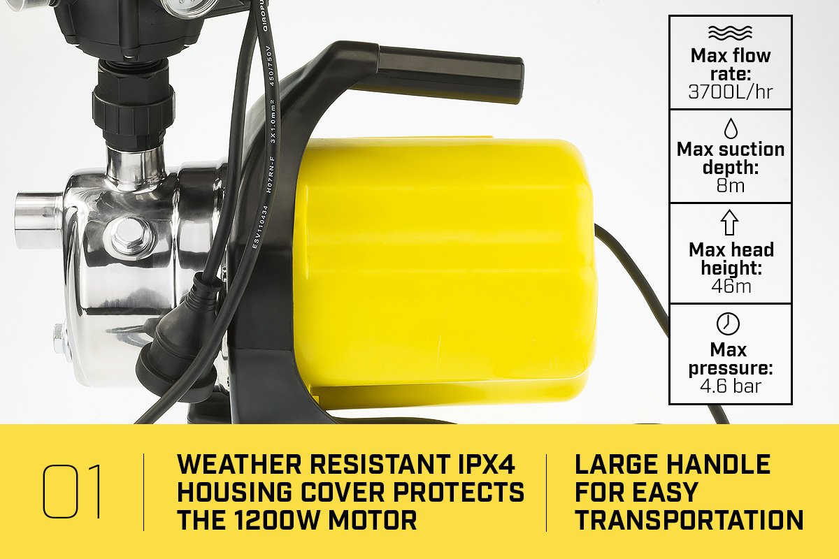 1200w Weatherised stainless auto water pump - Yellow