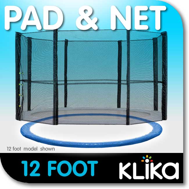 12Ft Trampoline Replacement Safety Pad And Net Round  8 Poles Blue