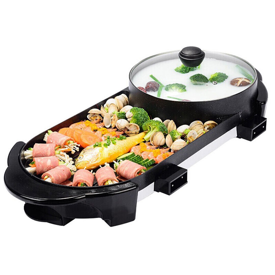 Griddles & Grill Pans 2 in 1 Electric Non-Stick BBQ Teppanyaki Grill Plate Steamboat Hotpot 2-8 Person