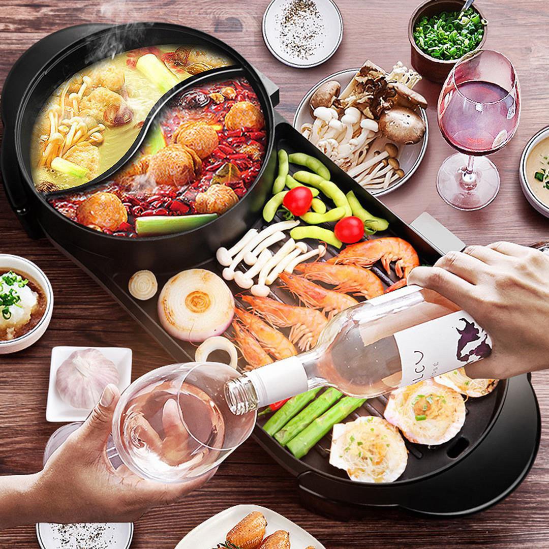 Griddles & Grill Pans 2 in 1 Electric Non-Stick BBQ Teppanyaki Grill Plate Steamboat Hotpot 2-8 Person