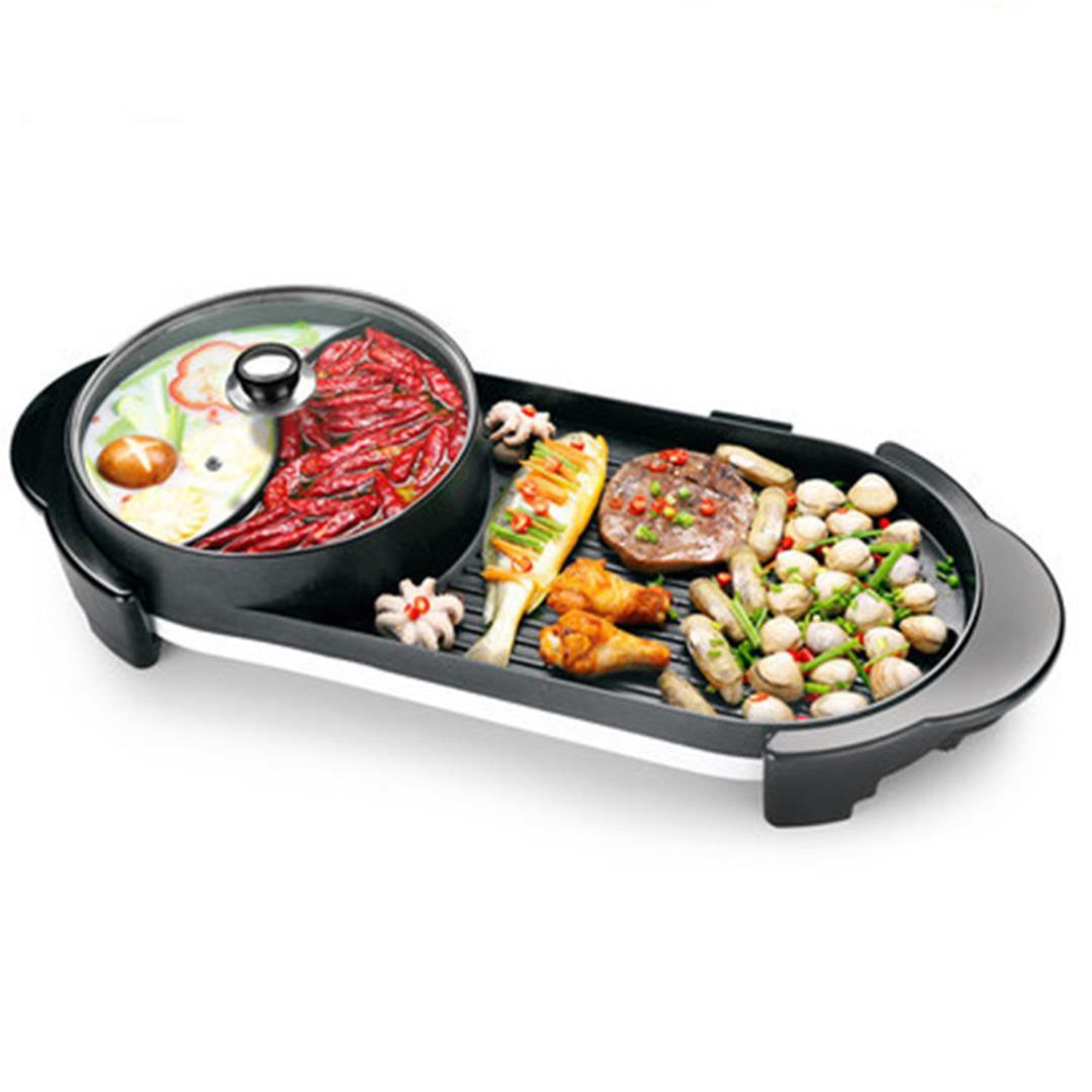 Griddles & Grill Pans 2 in 1 Electric Non-Stick BBQ Teppanyaki Grill Plate Steamboat Hotpot 2-8 Person