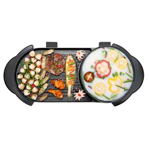 2 in 1 Electric Non-Stick BBQ Teppanyaki Grill Plate Steamboat Hotpot 2-8 Person