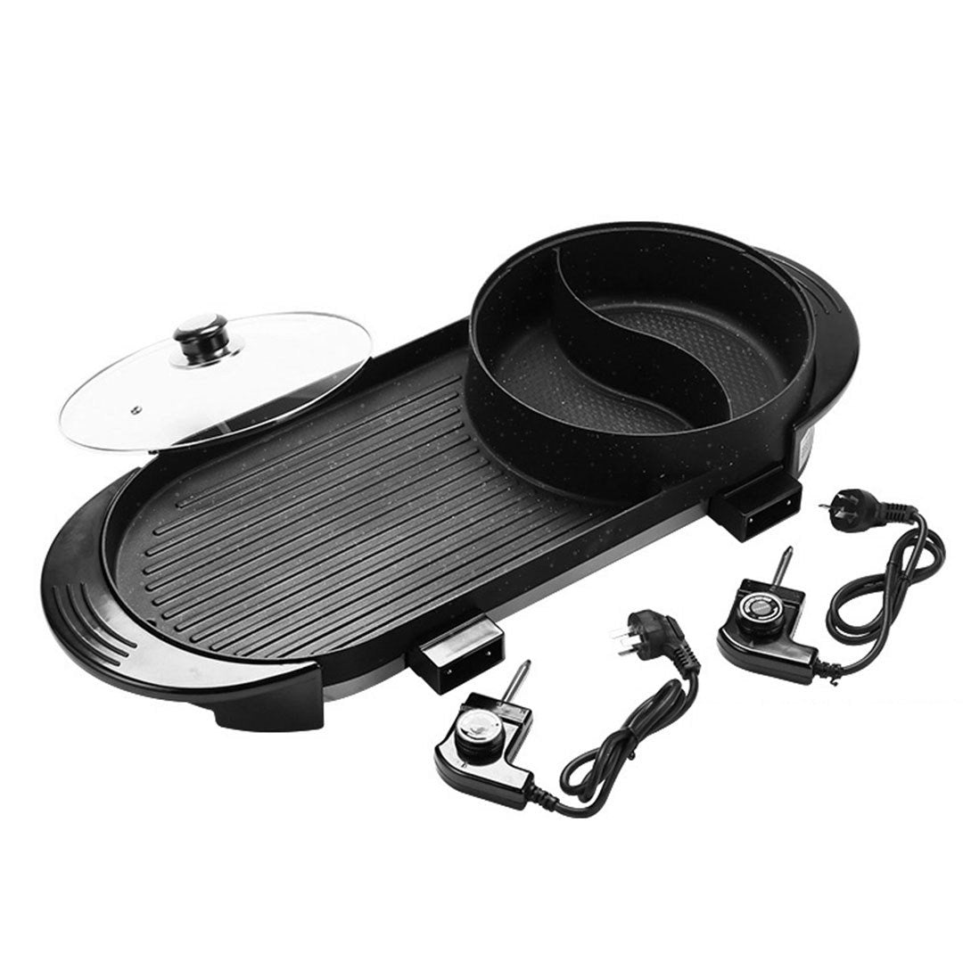 Griddles & Grill Pans 2 in 1 Electric Non-Stick BBQ Teppanyaki Grill Plate Steamboat Hotpot 2-8 Person