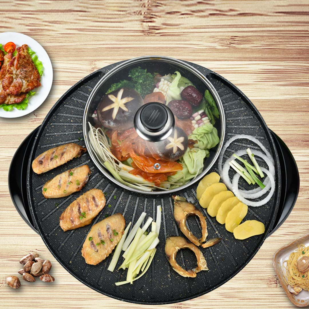 Griddles & Grill Pans 2 in 1 Electric Stone Coated Teppanyaki Grill Plate Steamboat Hotpot 3-5 Person
