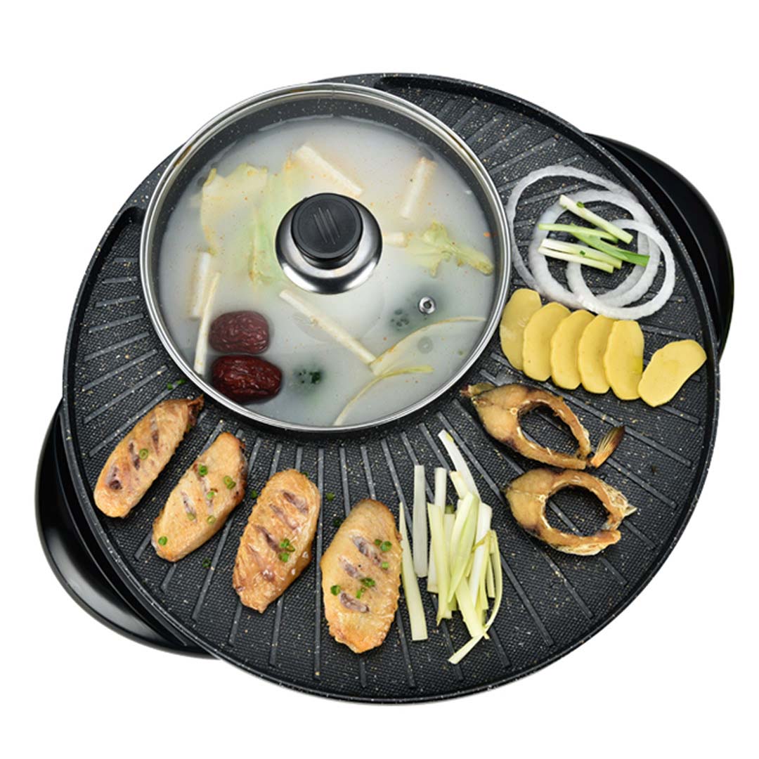 Griddles & Grill Pans 2 in 1 Electric Stone Coated Teppanyaki Grill Plate Steamboat Hotpot 3-5 Person