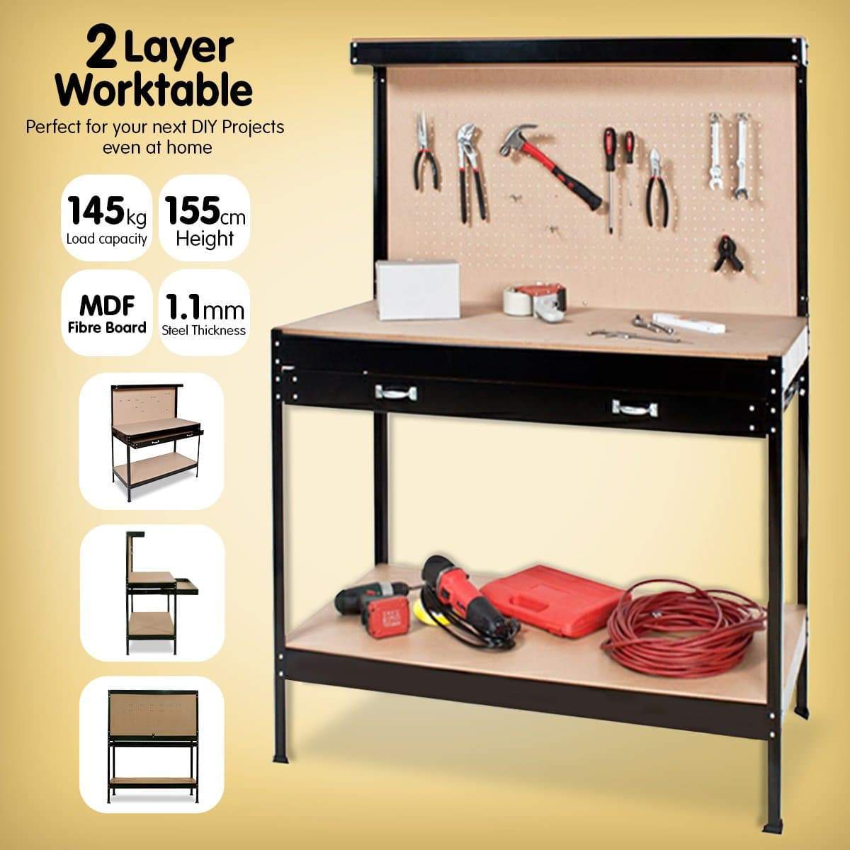 2-Layered Work Bench Garage Storage Table Tool Shop Shelf