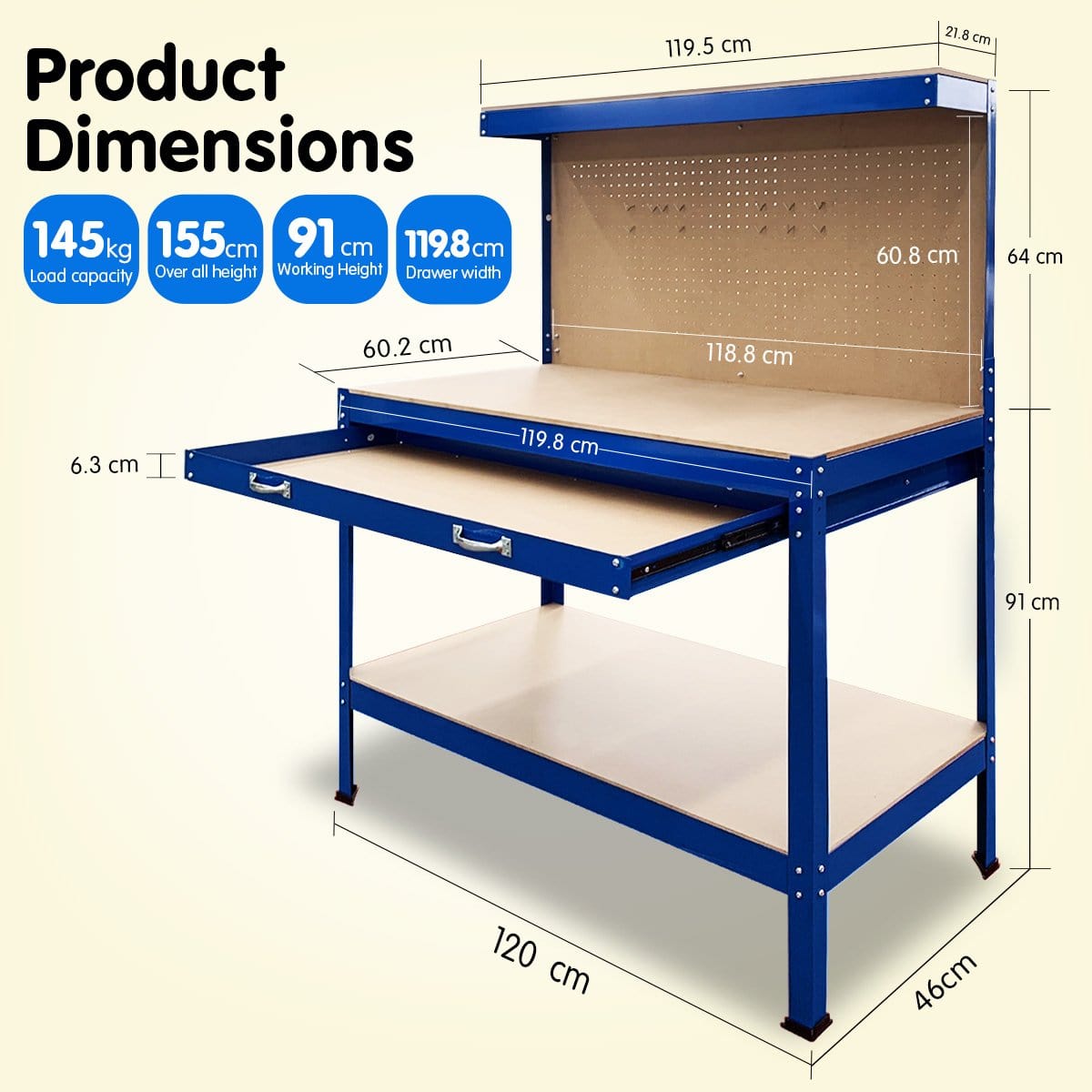 2-Layered Work Bench Garage Storage Table Tool Shop Shelf Blue