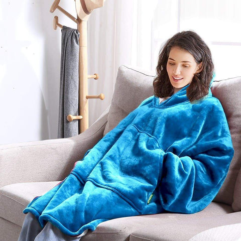 bedding 2 Pcs Plush Fleece Hoodie Sweatshirt Huggle Blanket Pajamas Navy