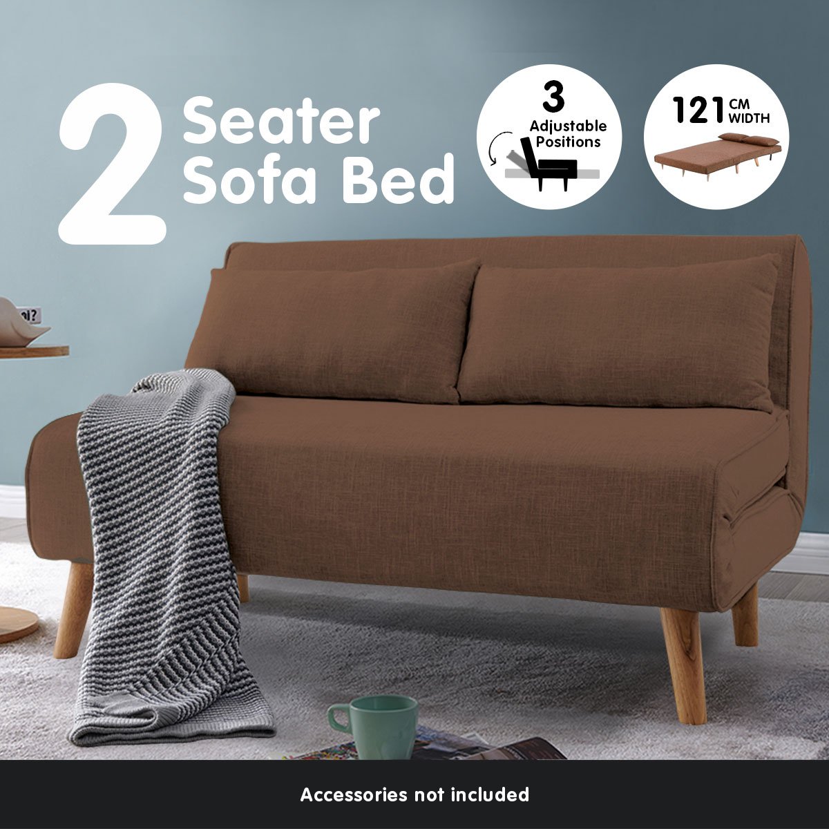 indoor furniture 2-Seater Adjustable Sofa Bed Lounge Linen - Brown