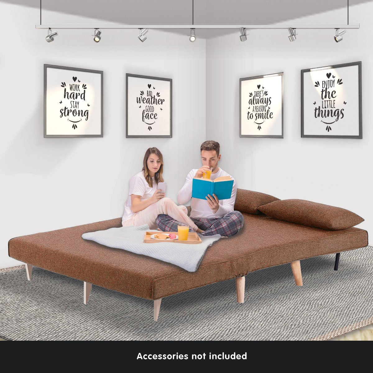 indoor furniture 2-Seater Adjustable Sofa Bed Lounge Linen - Brown