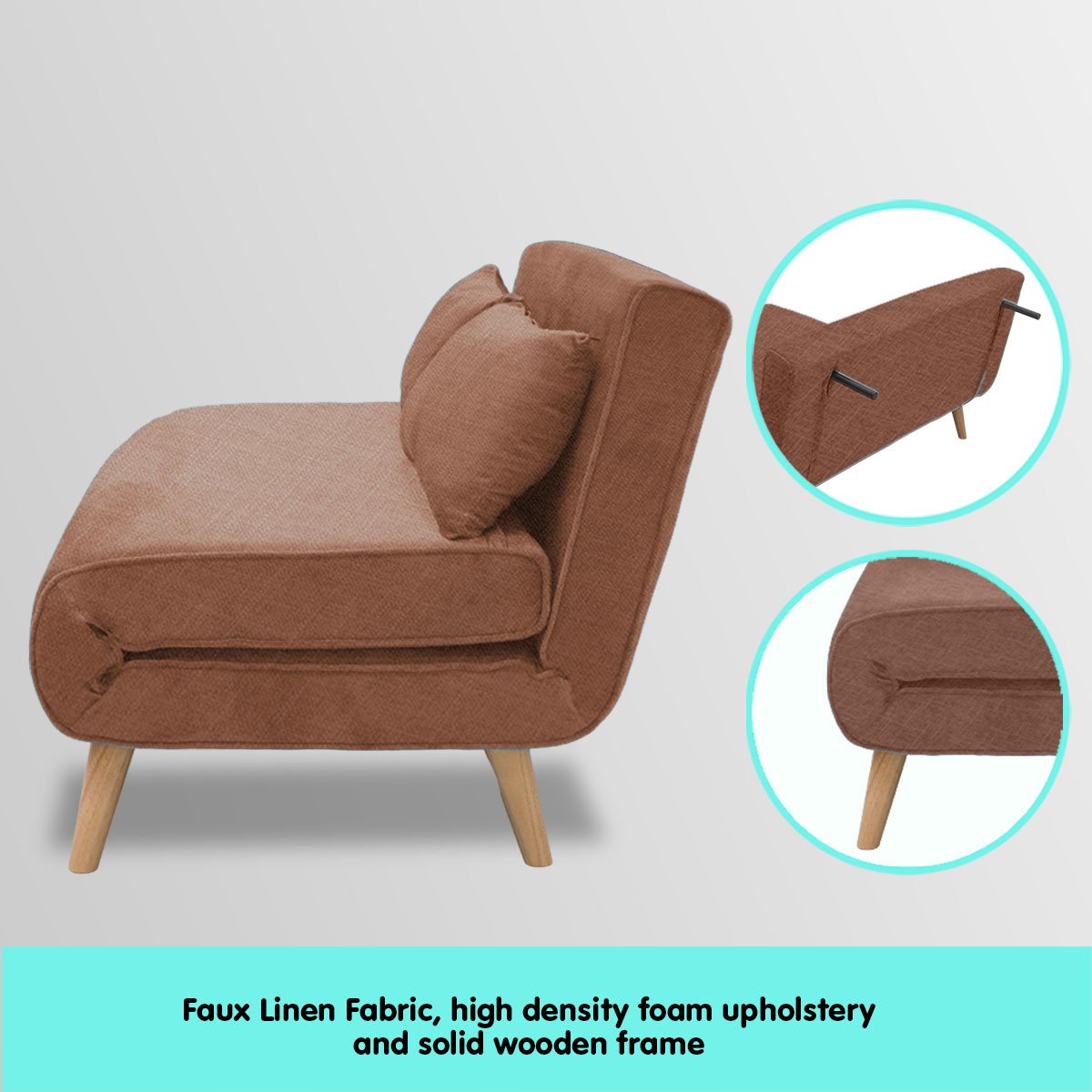 indoor furniture 2-Seater Adjustable Sofa Bed Lounge Linen - Brown