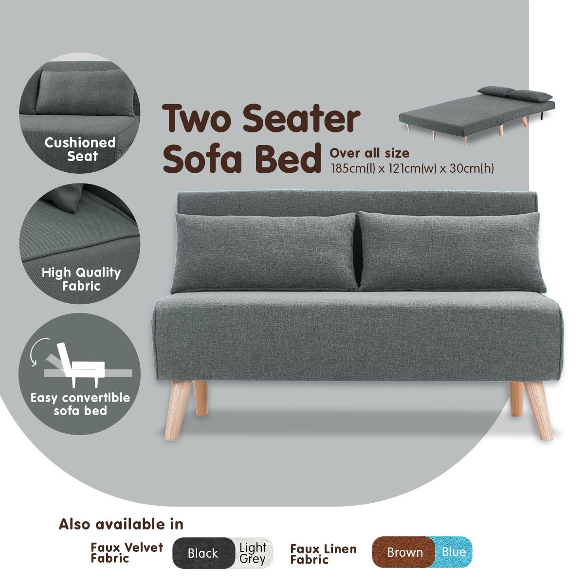 indoor furniture 2-Seater Adjustable Sofa Bed Lounge Linen - Dark Grey