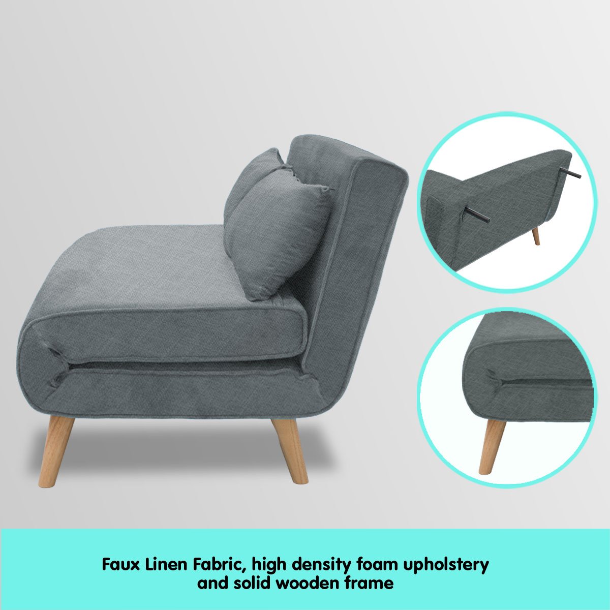 indoor furniture 2-Seater Adjustable Sofa Bed Lounge Linen - Dark Grey