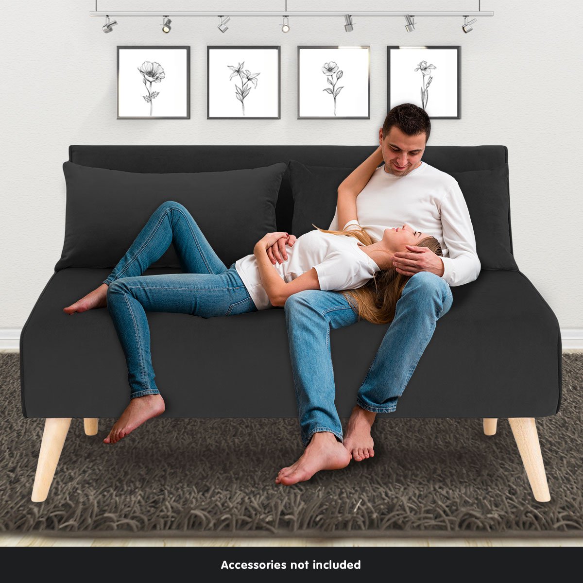 indoor furniture 2-Seater Adjustable Sofa Bed Lounge Velvet - Black