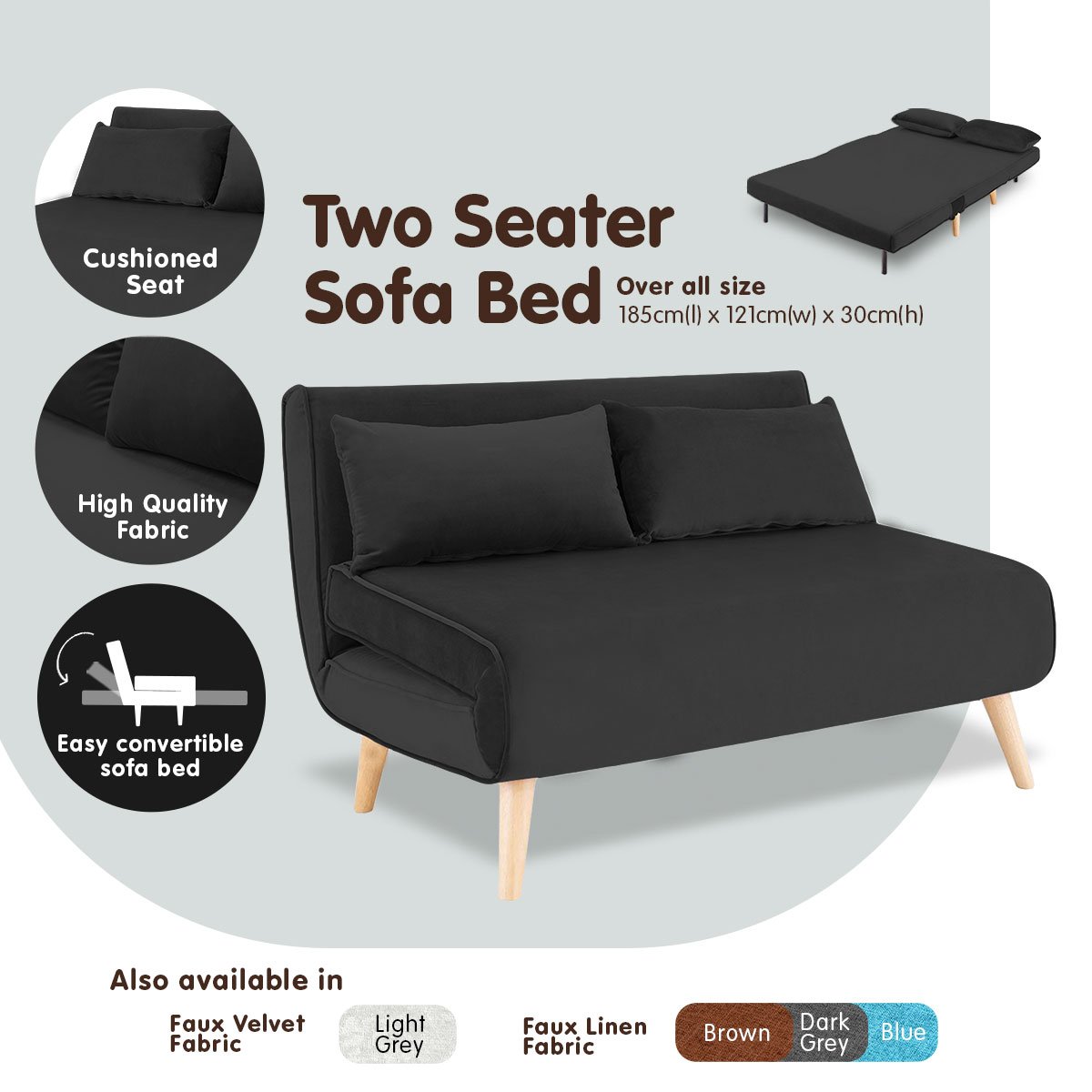 indoor furniture 2-Seater Adjustable Sofa Bed Lounge Velvet - Black
