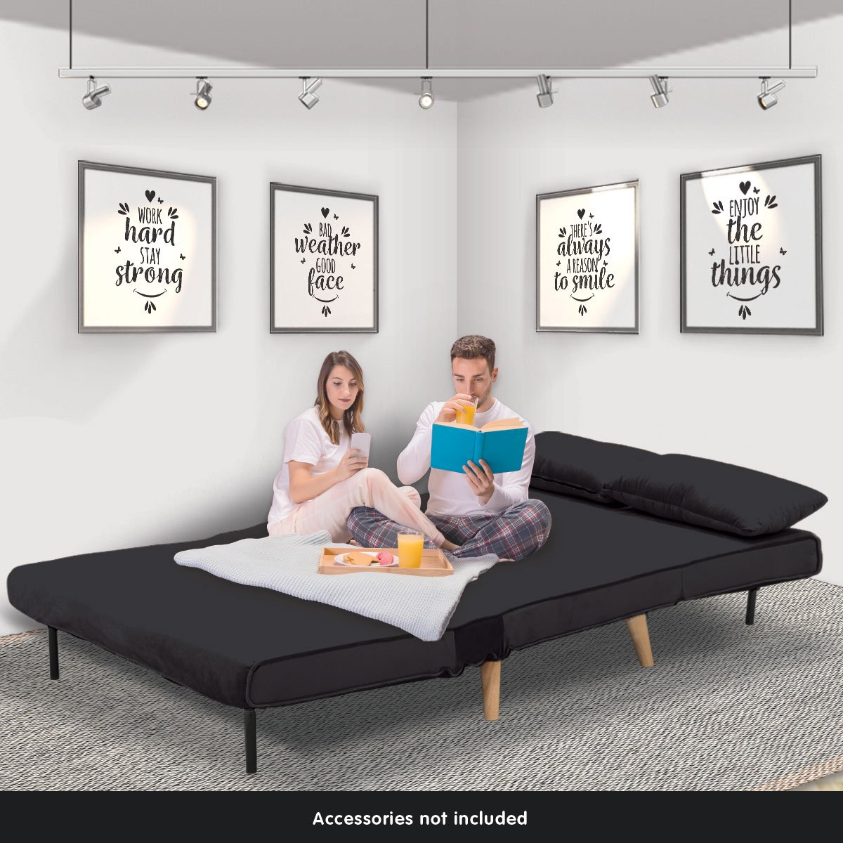 indoor furniture 2-Seater Adjustable Sofa Bed Lounge Velvet - Black
