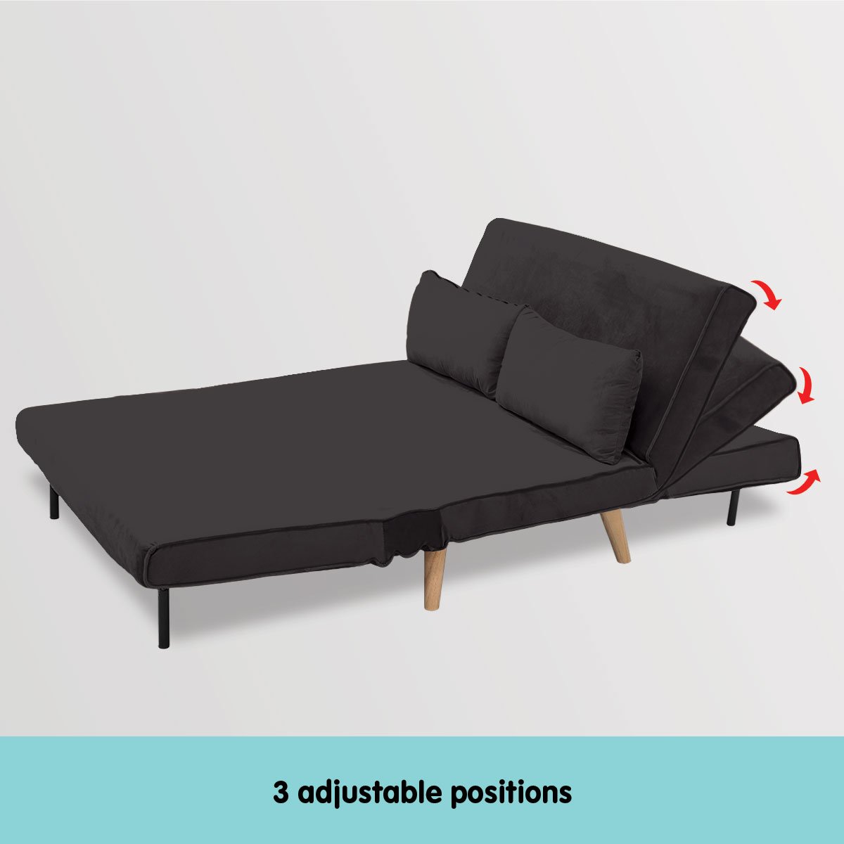 indoor furniture 2-Seater Adjustable Sofa Bed Lounge Velvet - Black