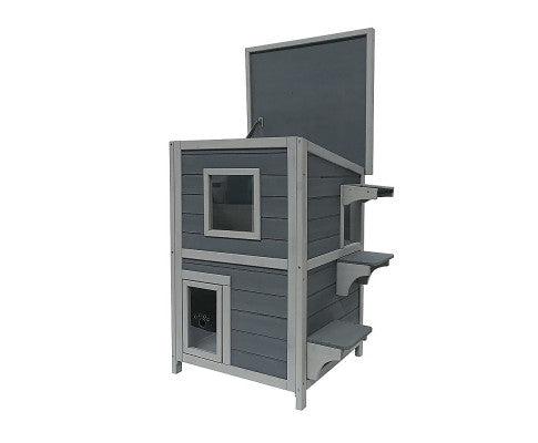 2 Story Weatherproof Indoor Outdoor Wooden Cat House-Grey and white