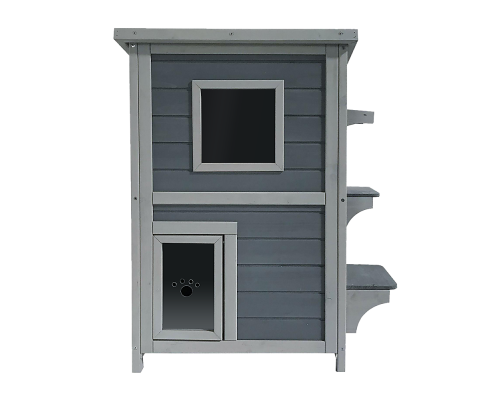 2 Story Weatherproof Indoor Outdoor Wooden Cat House-Grey and white