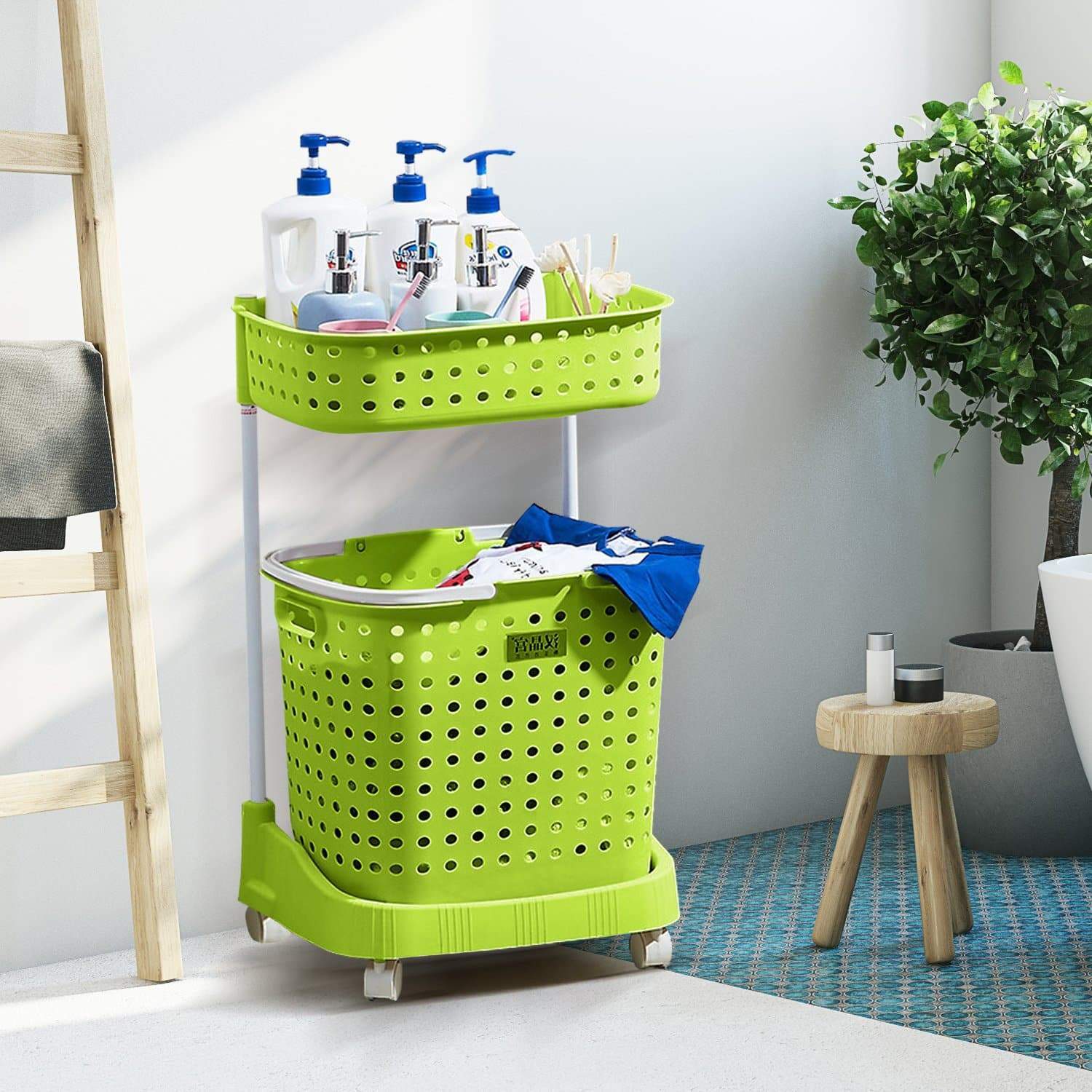 laundry supplies 2 Tier Bathroom Laundry Clothes Basket Mobile Rack