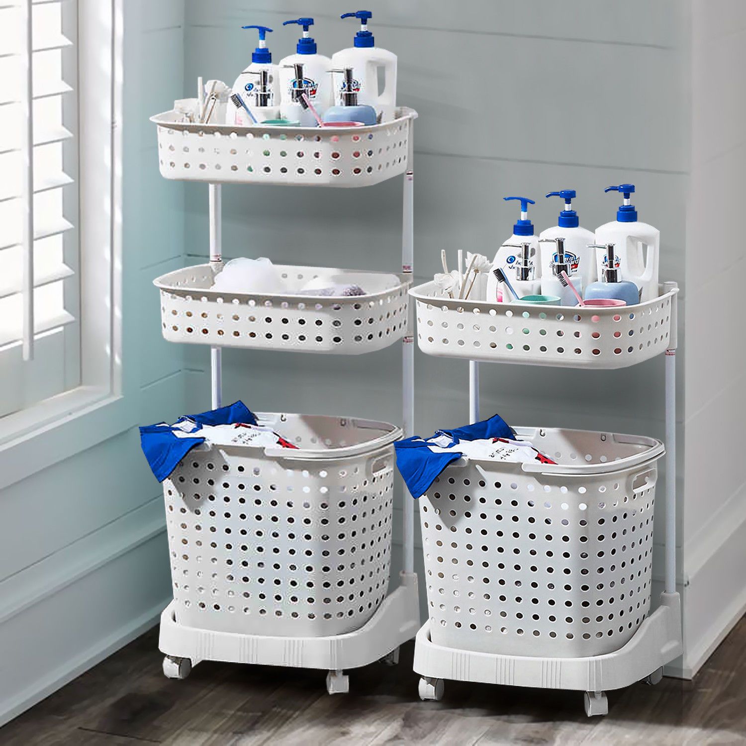 Laundry Supplies 2 Tier Bathroom Laundry Clothes Baskets Mobile Rack