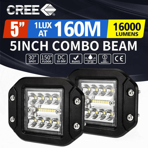 2 x 5inch CREE LED Work Light Flush Mount Spot Flood Reverse Offroad 4x4