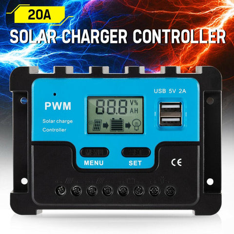 20A Solar Charge Controller 12V 24V Lithium Battery Panel Regulator 2 USB LCD