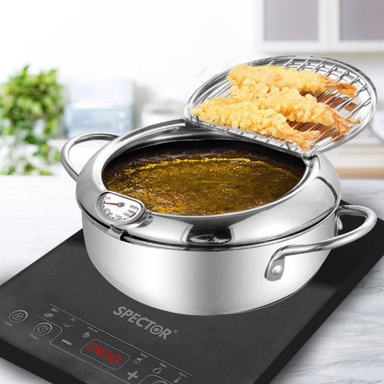 20cm Japanese Deep Frying Pot Thermometer Stainless Steel Tempura Fryer Silver