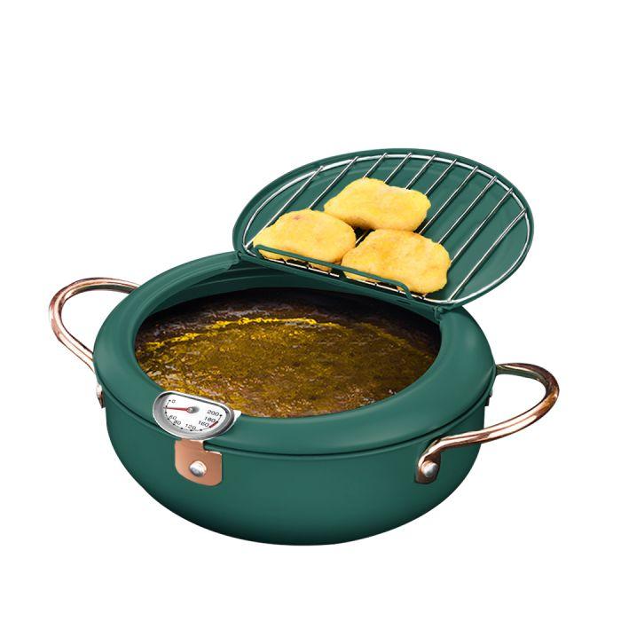 24cm Japanese Deep Frying Pan Pot with Thermometer Kitchen Tempura Fryer Green