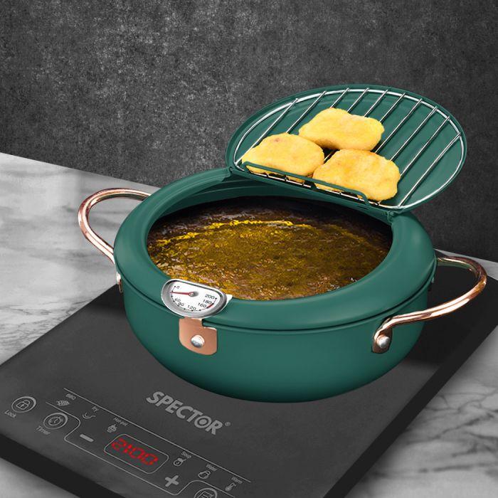 24cm Japanese Deep Frying Pan Pot with Thermometer Kitchen Tempura Fryer Green