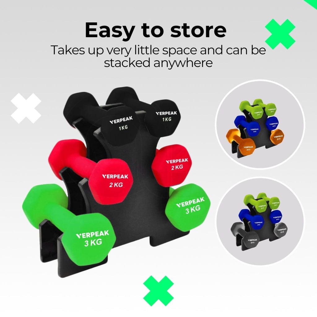 24Kg (3,4,5Kg X 2) Neoprene Dumbbell Set With Rack Green