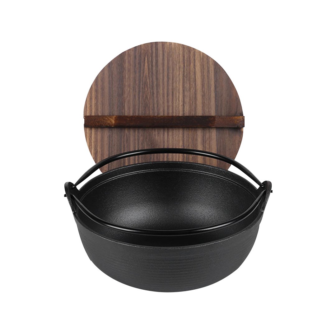stock & multi pots 25cm Cast Iron Japanese Style Sukiyaki Tetsu Nabe Shabu Hot Pot with Wooden Lid