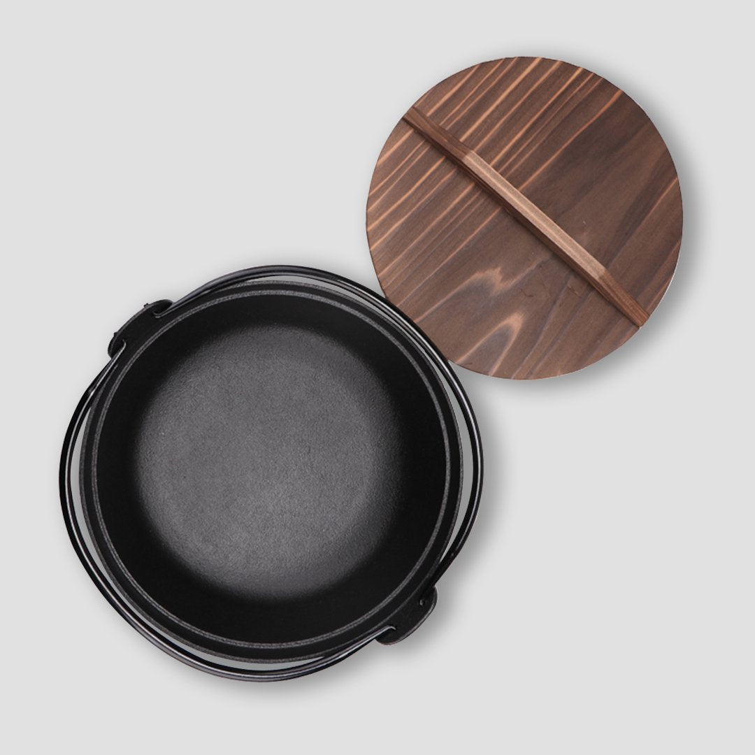 stock & multi pots 25cm Cast Iron Japanese Style Sukiyaki Tetsu Nabe Shabu Hot Pot with Wooden Lid