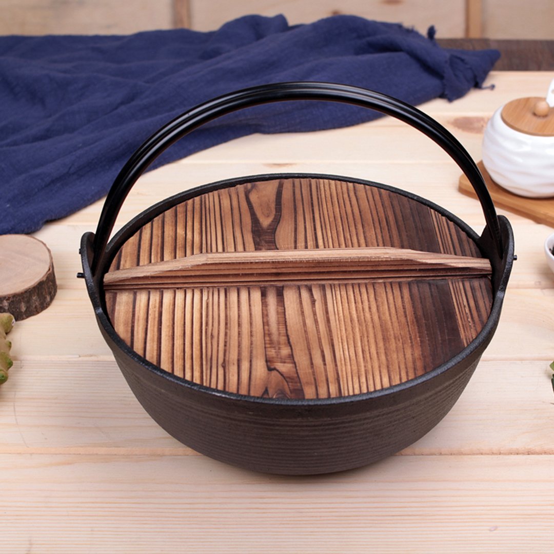 stock & multi pots 25cm Cast Iron Japanese Style Sukiyaki Tetsu Nabe Shabu Hot Pot with Wooden Lid