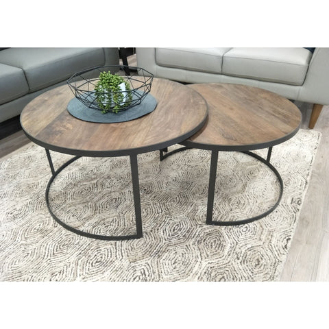 2pc Mango Wood and Metal Round Nesting 80cm Coffee Table Set - Natural