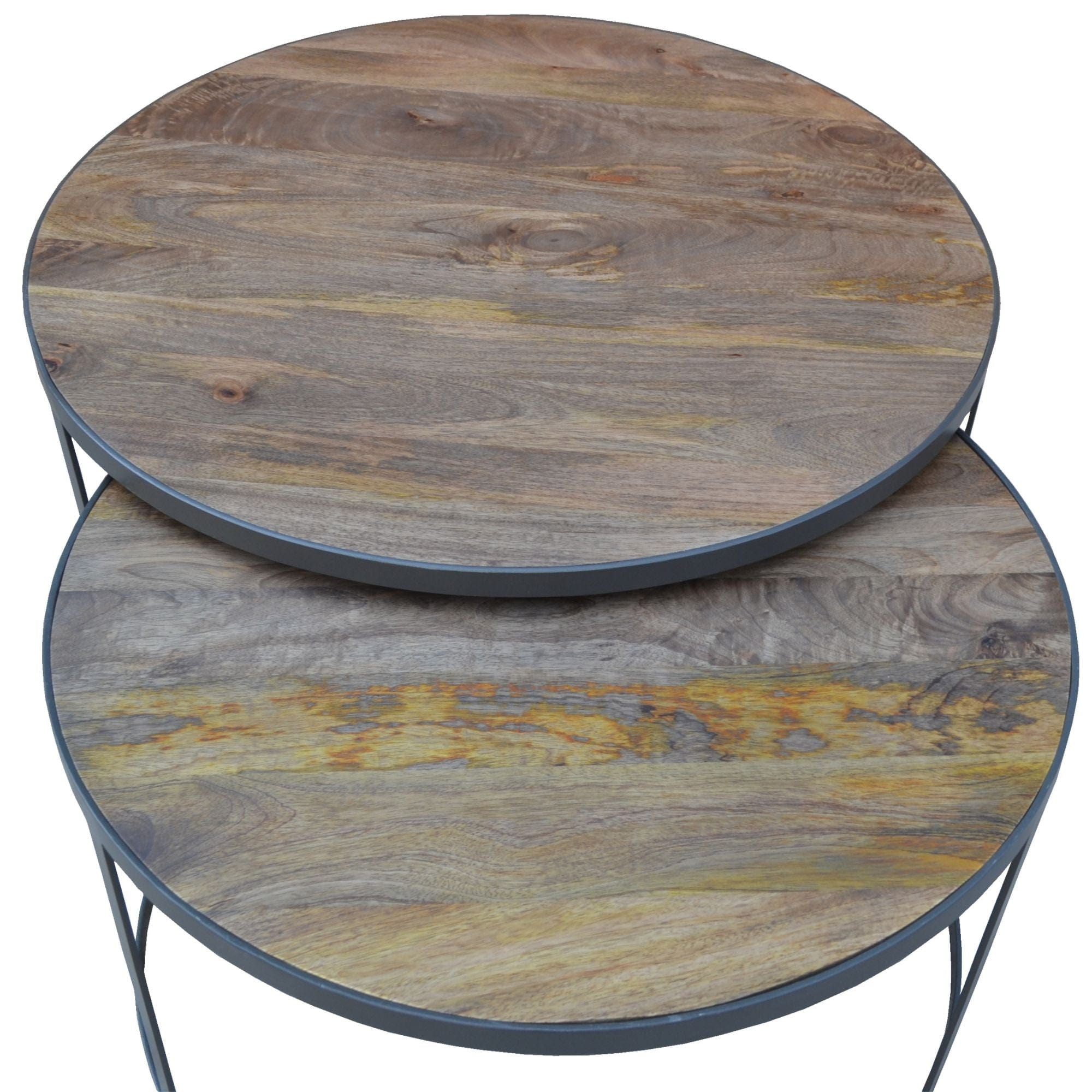 2pc Mango Wood and Metal Round Nesting 80cm Coffee Table Set - Natural