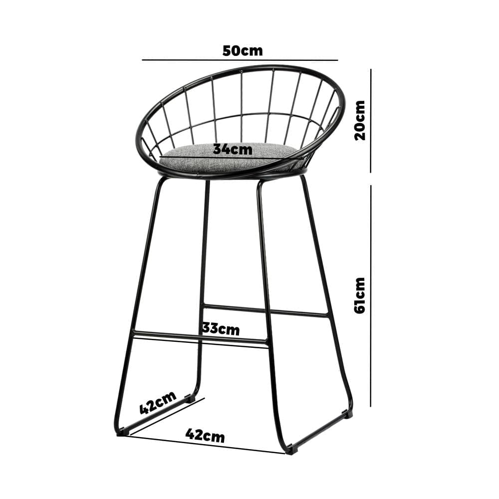2x Bar Stools Metal Bar Stool Kitchen Chairs Grey Fabric Metallic Black