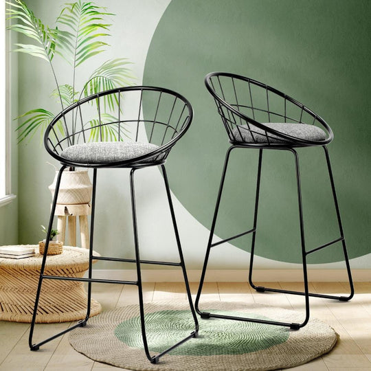 2x Bar Stools Metal Bar Stool Kitchen Chairs Grey Fabric