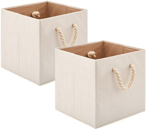 2x  Foldable Bamboo Fabric Storage Bin And Basket Box Organizer For Shelves - Beige