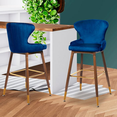 2x  Kitchen Stool Chairs Velvet Swivel Luxury Barstools Blue