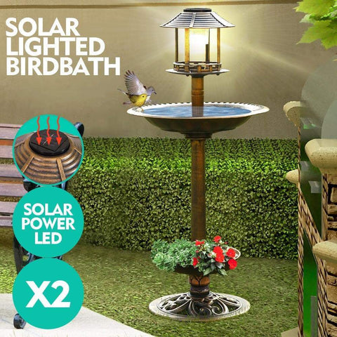 2X Ornamental Solar Light Garden Bird Bath Feeder