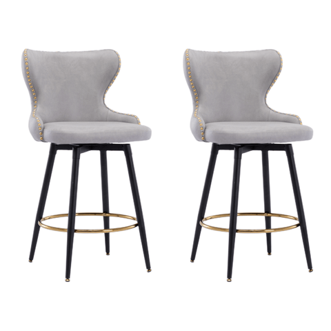 2X Swivel Bar Stools Tufted Counter Chairs With Stud Trim And Metal Base-Light Grey