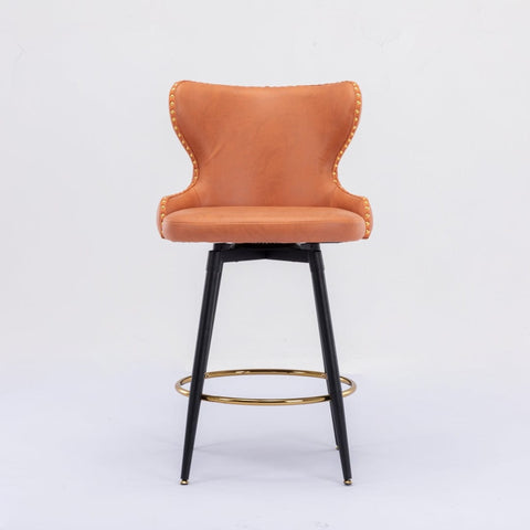 2X Swivel Bar Stools Tufted Counter Chairs With Stud Trim And Metal Base-Orange