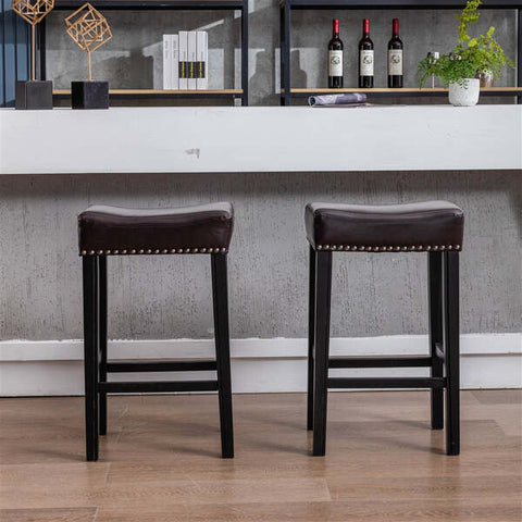 2X Wooden Legs Saddle Bar Stools Backless Leather Padded Counter Chairs 66Cm