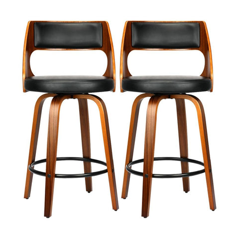 2xBar Stools Wooden Bar Stool Swivel Chair Leather Kitchen Dining Black
