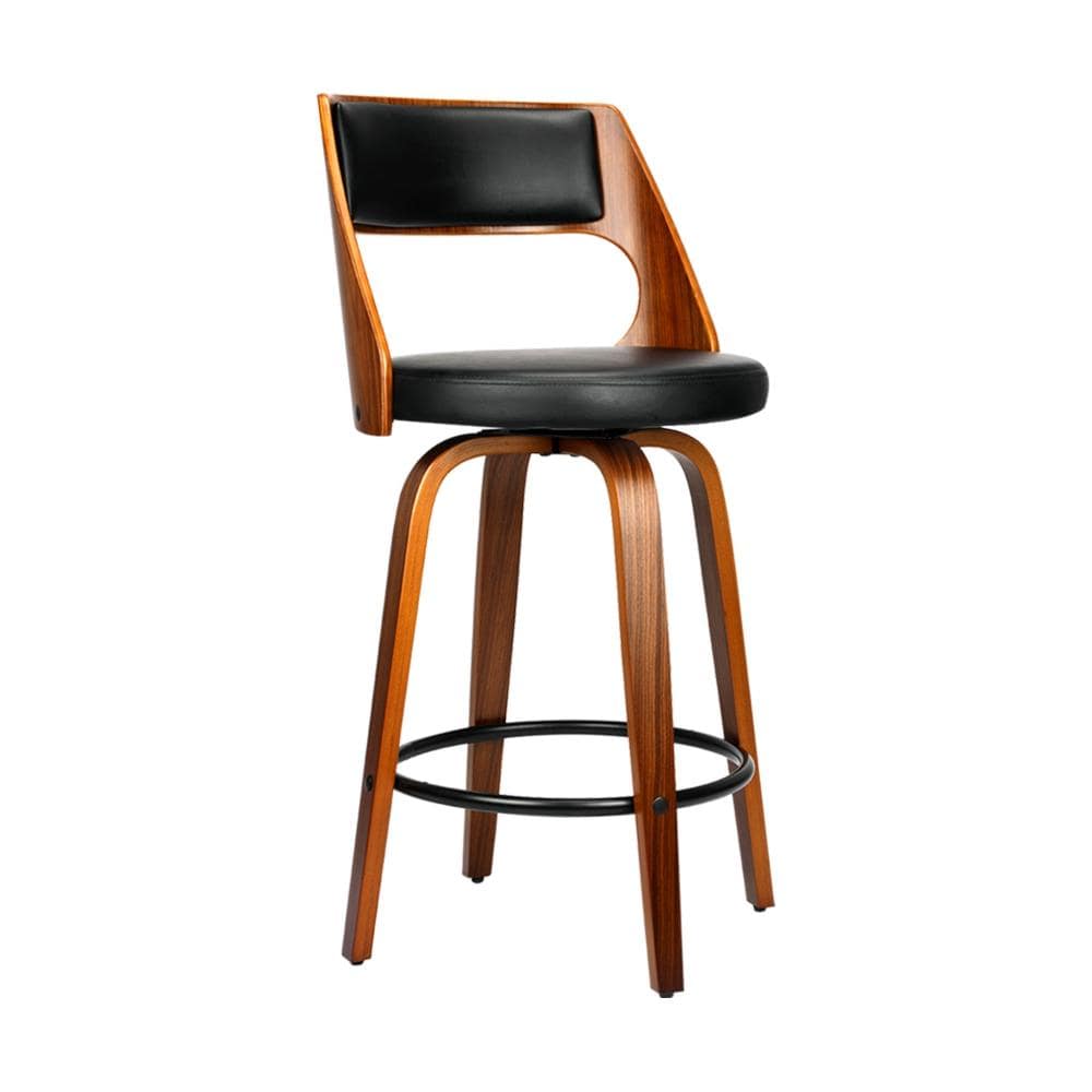 2xBar Stools Wooden Bar Stool Swivel Chair Leather Kitchen Dining Black