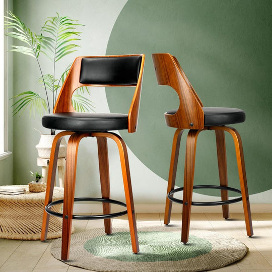 2xBar Stools Wooden Bar Stool Swivel Chair Leather Kitchen
